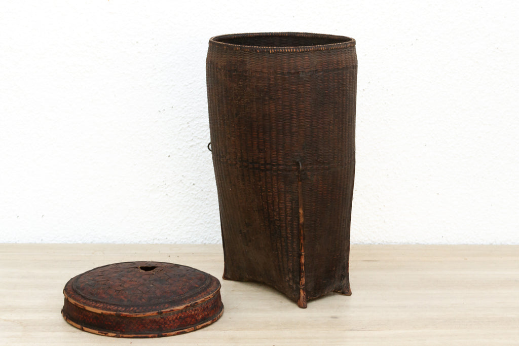 Dark Patinated Brown Woven Basket w/Lid