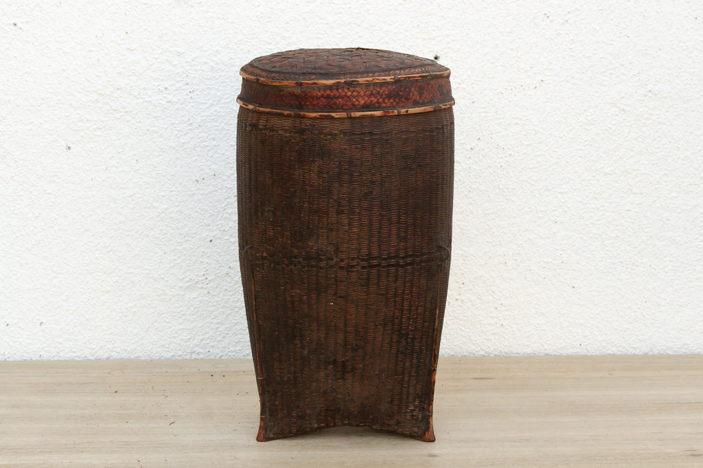 Dark Patinated Brown Woven Basket w/Lid