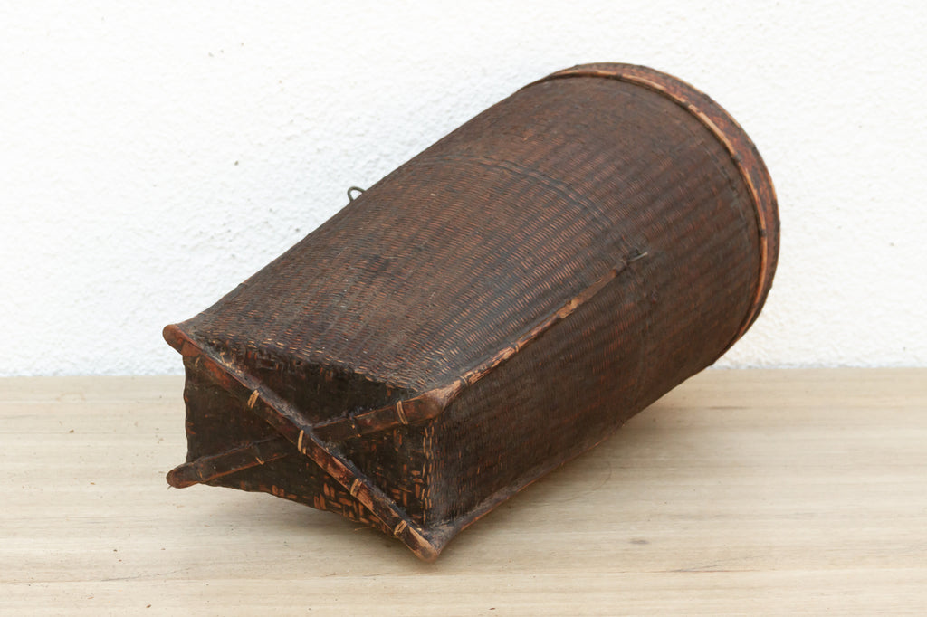 Dark Patinated Brown Woven Basket w/Lid