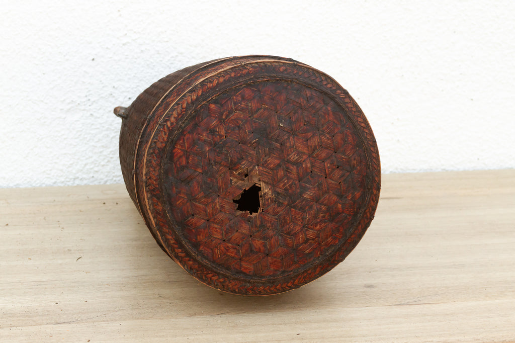 Dark Patinated Brown Woven Basket w/Lid