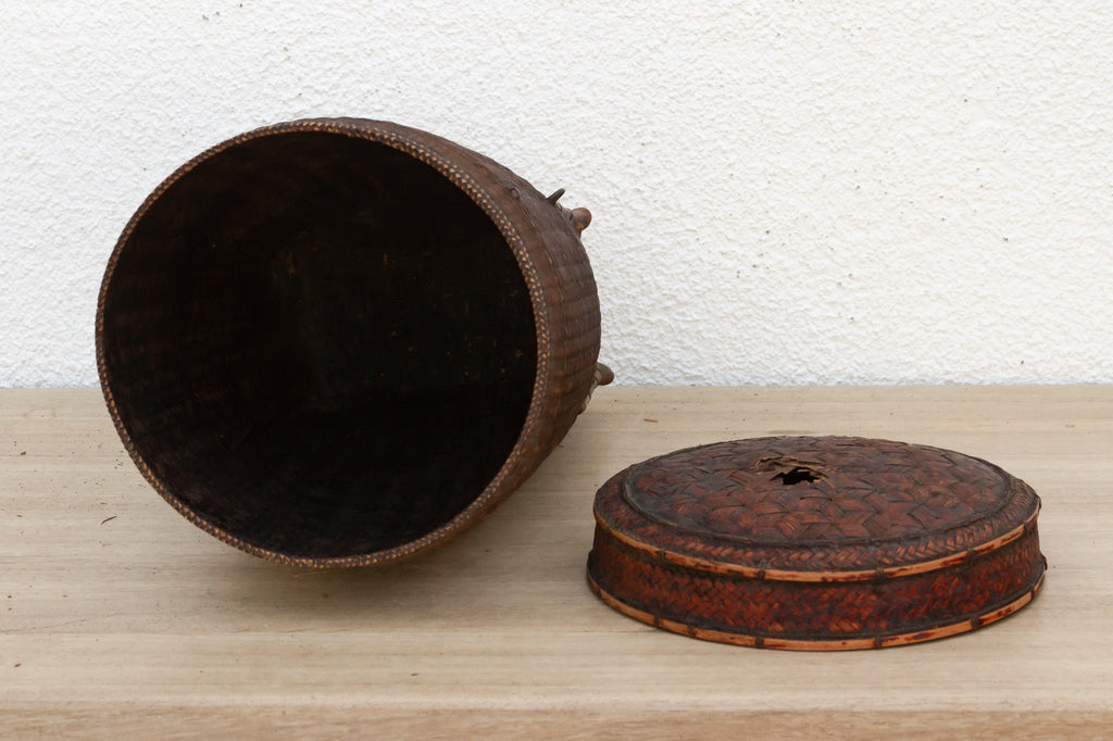 Dark Patinated Brown Woven Basket w/Lid