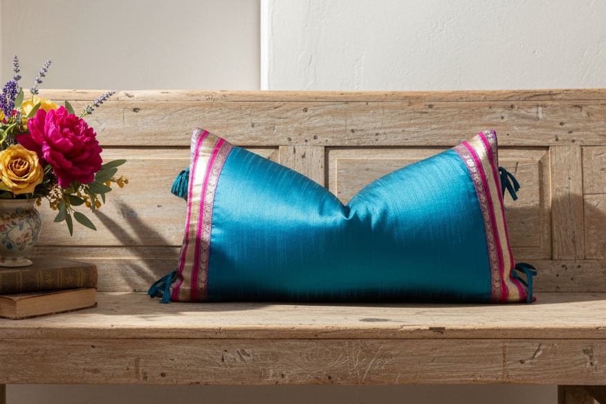 Naivy Large Festive Indian Silk Queen Lumbar Pillow Cover