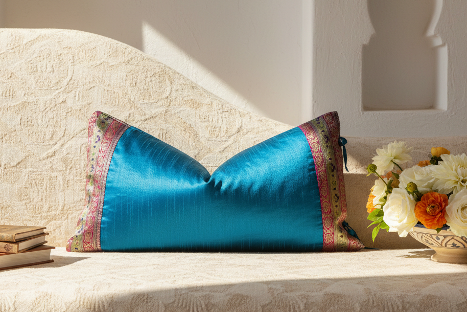 Jazlin Large Festive Indian Silk Queen Lumbar Pillow Cover