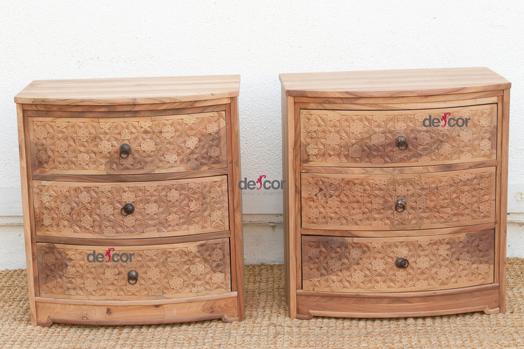 Set of 2, Reclaimed Wood Bow Front Carved Bedside Dressers (Trade)
