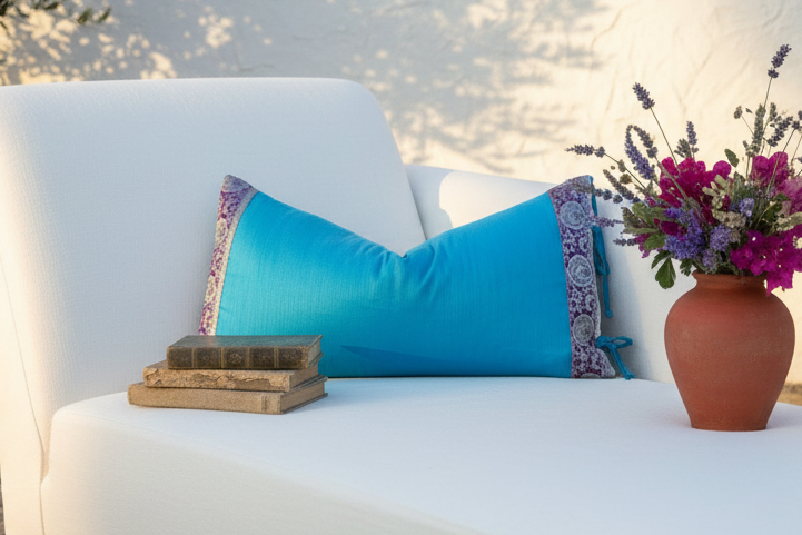 Turquoise Large Festive Indian Silk Queen Lumbar Pillow Cover