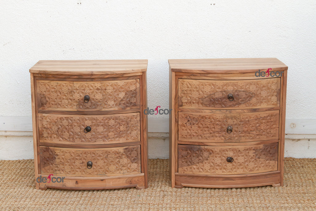 Set of 2, Reclaimed Wood Bow Front Carved Bedside Dressers (Trade)