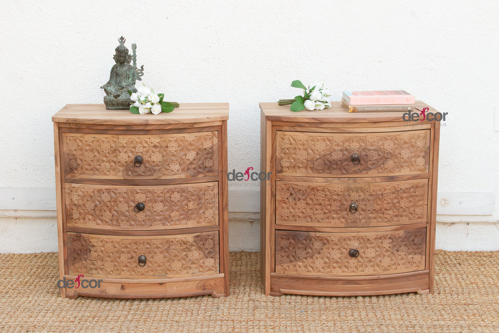 Set of 2, Reclaimed Wood Bow Front Carved Bedside Dressers (Trade)