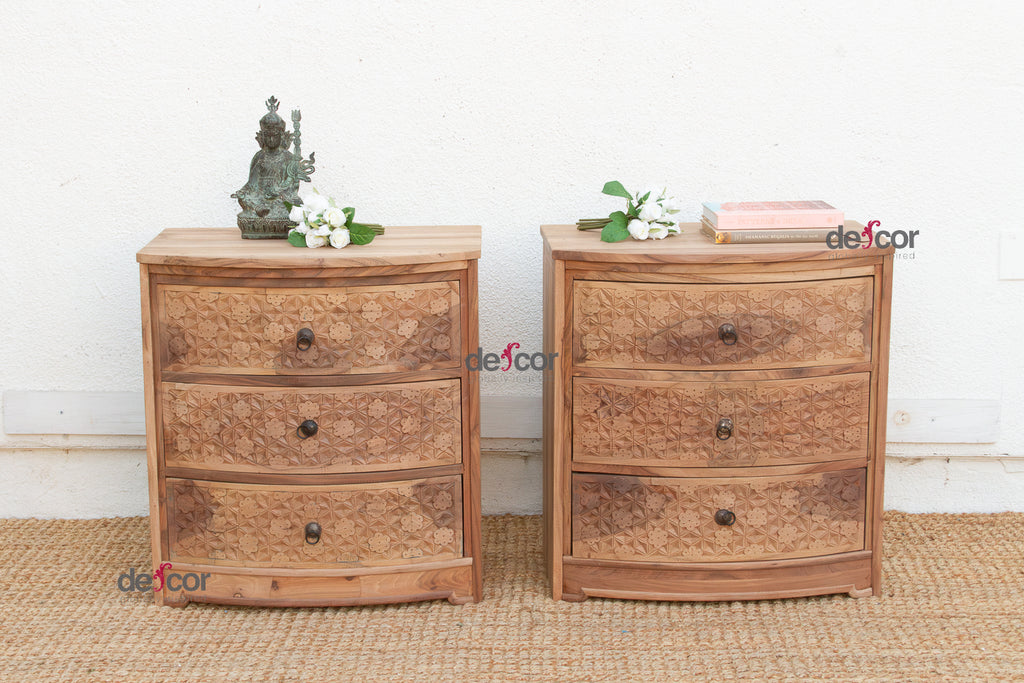 Set of 2, Reclaimed Wood Bow Front Carved Bedside Dressers (Trade)