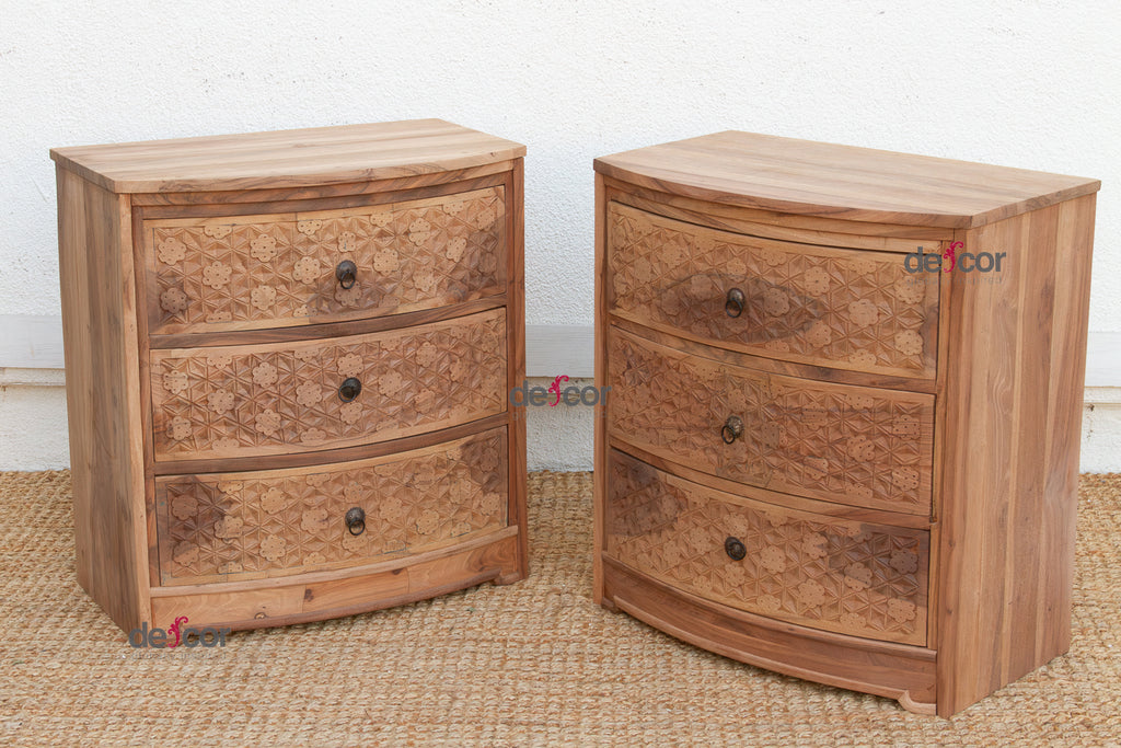 Set of 2, Reclaimed Wood Bow Front Carved Bedside Dressers (Trade)