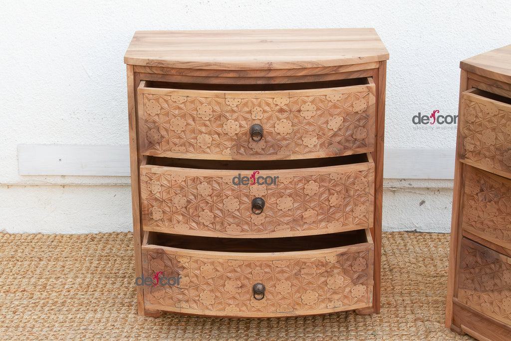 Set of 2, Reclaimed Wood Bow Front Carved Bedside Dressers (Trade)