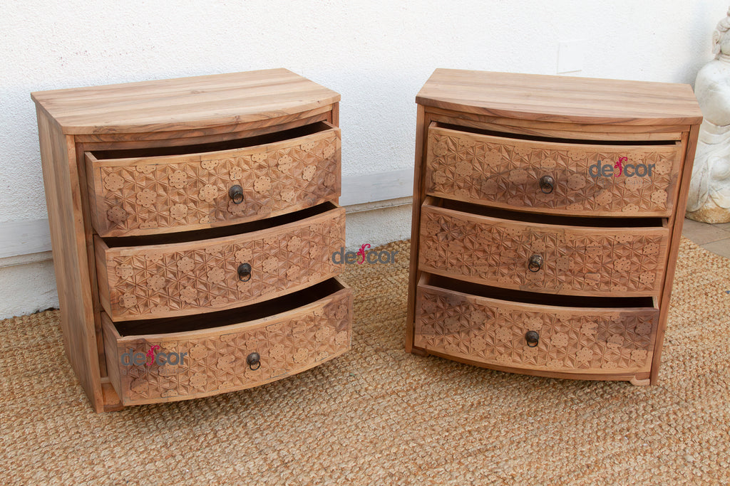 Set of 2, Reclaimed Wood Bow Front Carved Bedside Dressers (Trade)