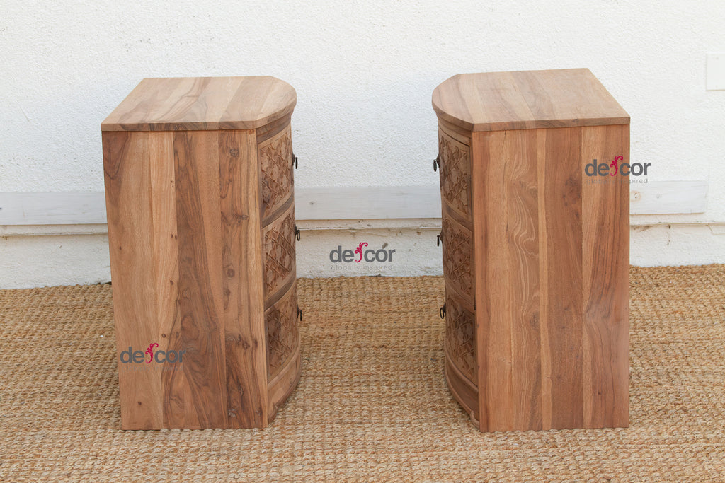 Set of 2, Reclaimed Wood Bow Front Carved Bedside Dressers (Trade)