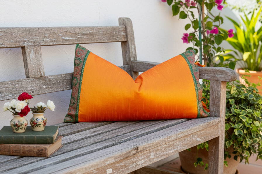 Orange Large Festive Indian Silk Queen Lumbar Pillow Cover