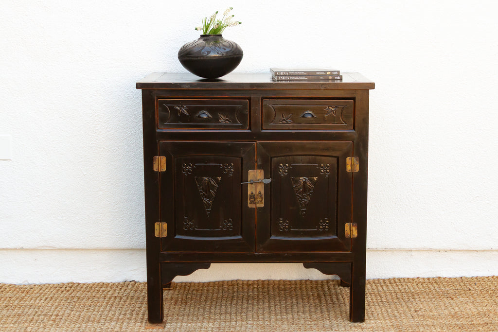 Mid-century Carved Blossom Black Asian Cabinet
