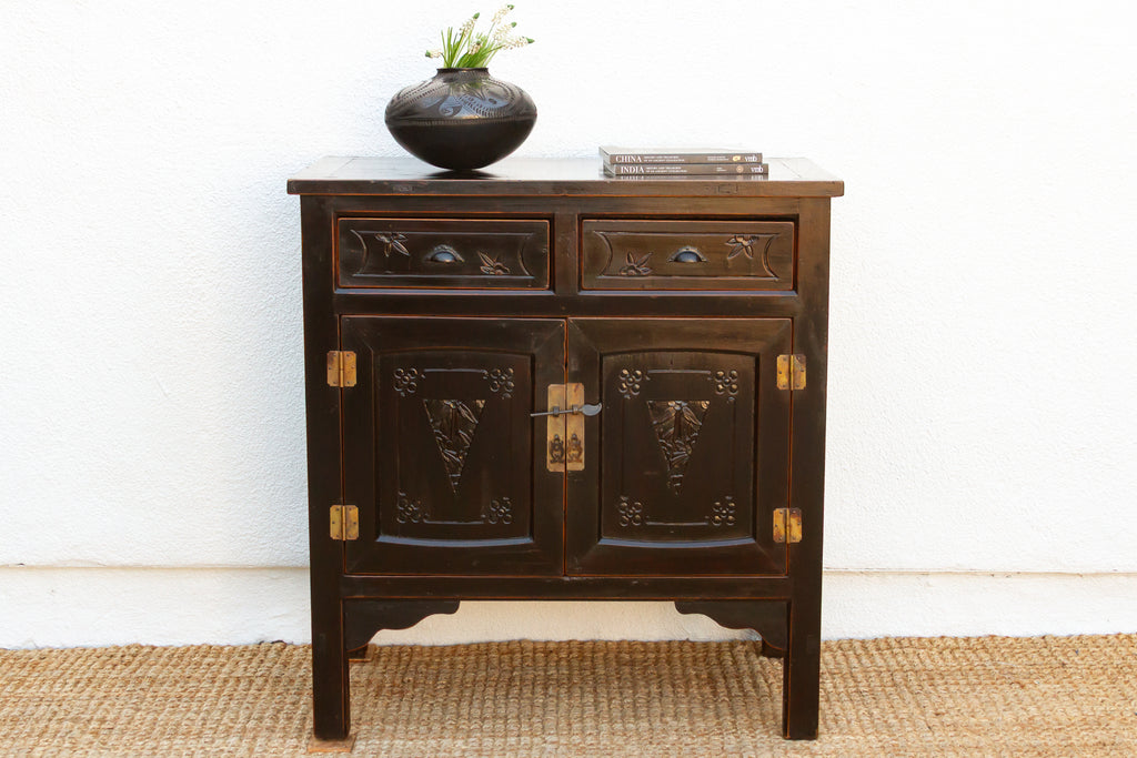 Mid-century Carved Blossom Black Asian Cabinet