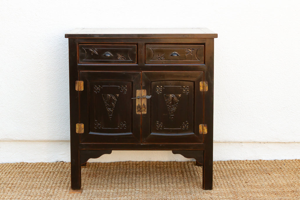 Mid-century Carved Blossom Black Asian Cabinet
