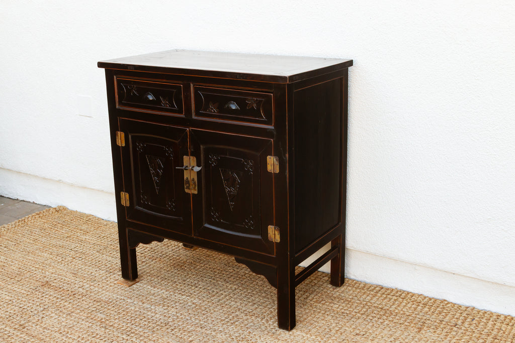 Mid-century Carved Blossom Black Asian Cabinet