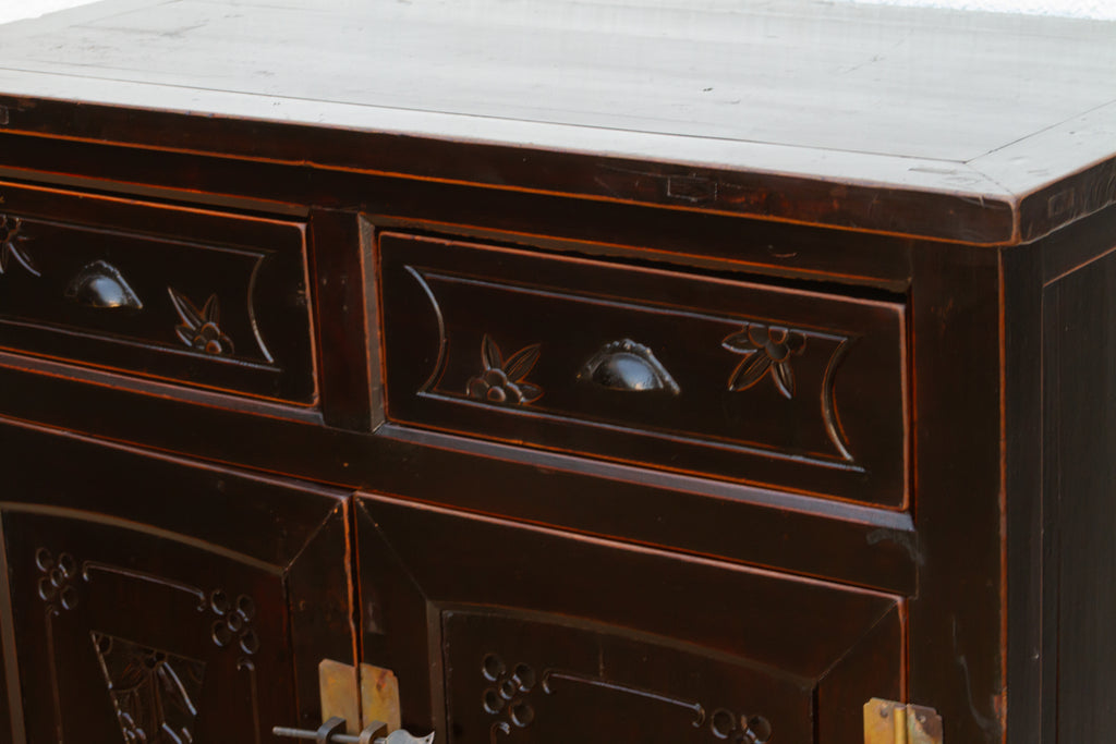Mid-century Carved Blossom Black Asian Cabinet