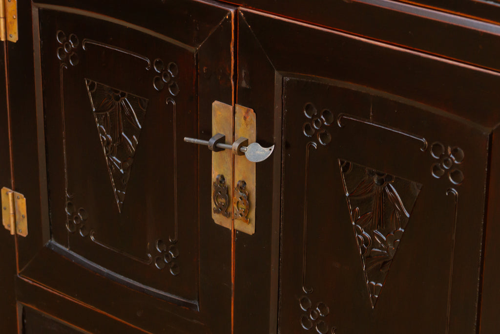 Mid-century Carved Blossom Black Asian Cabinet