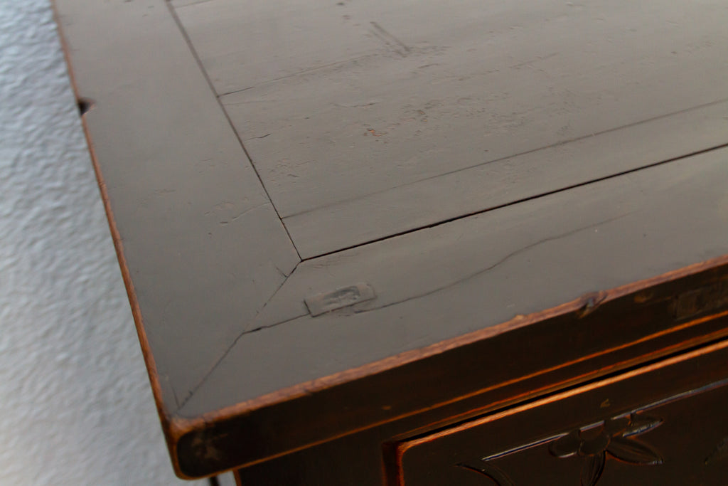 Mid-century Carved Blossom Black Asian Cabinet