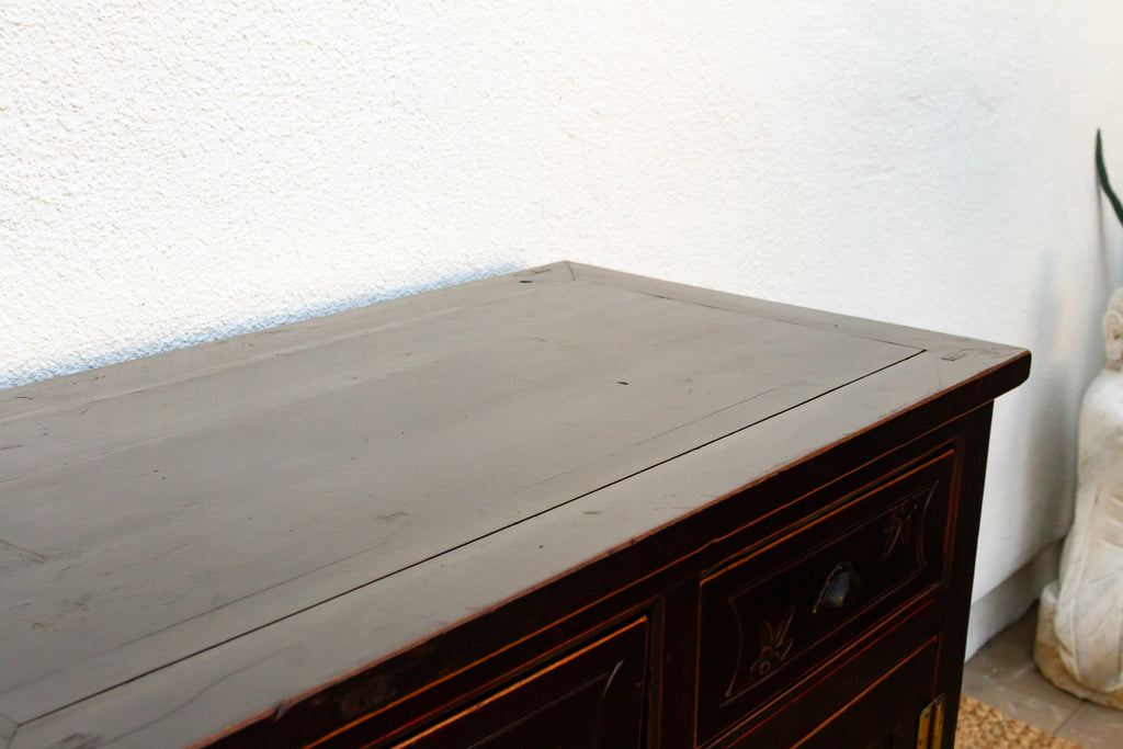 Mid-century Carved Blossom Black Asian Cabinet