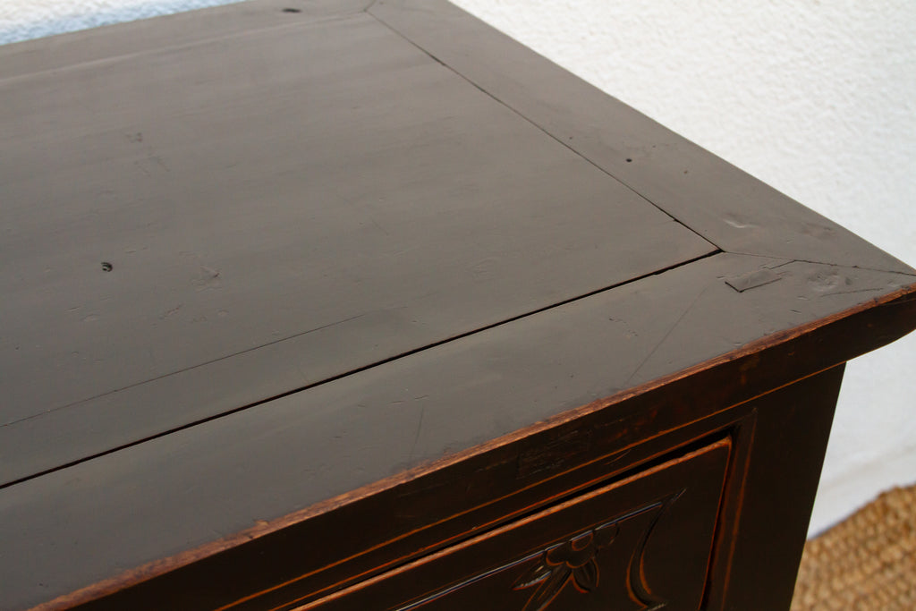 Mid-century Carved Blossom Black Asian Cabinet