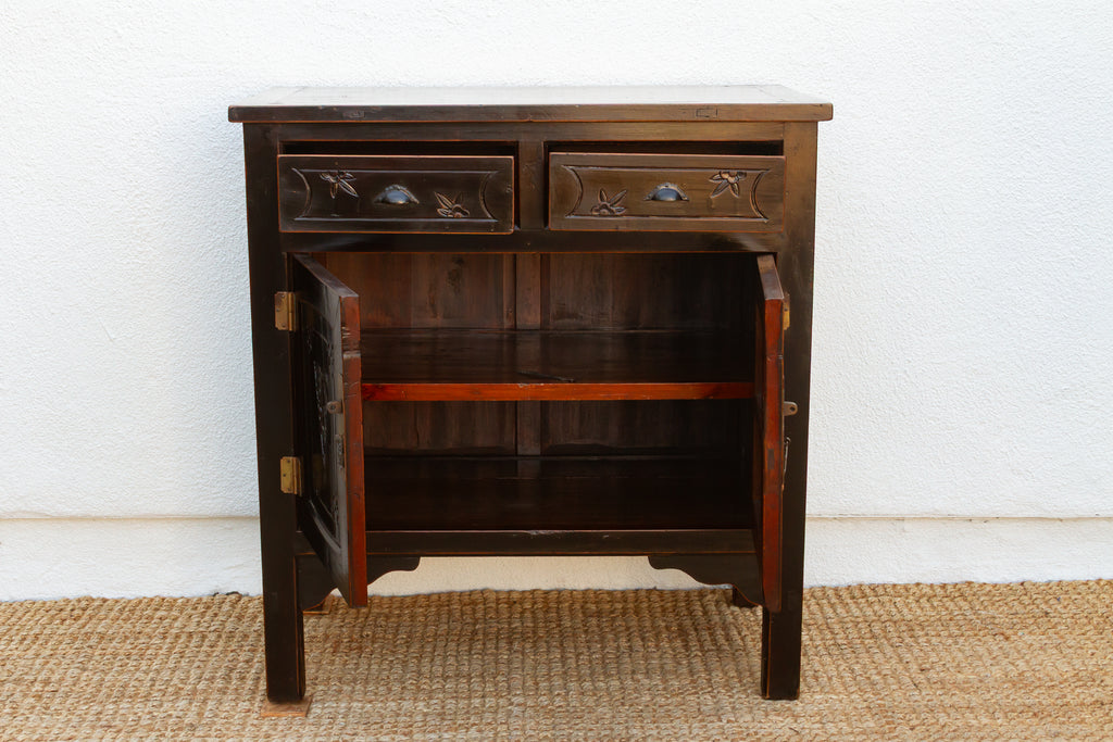 Mid-century Carved Blossom Black Asian Cabinet