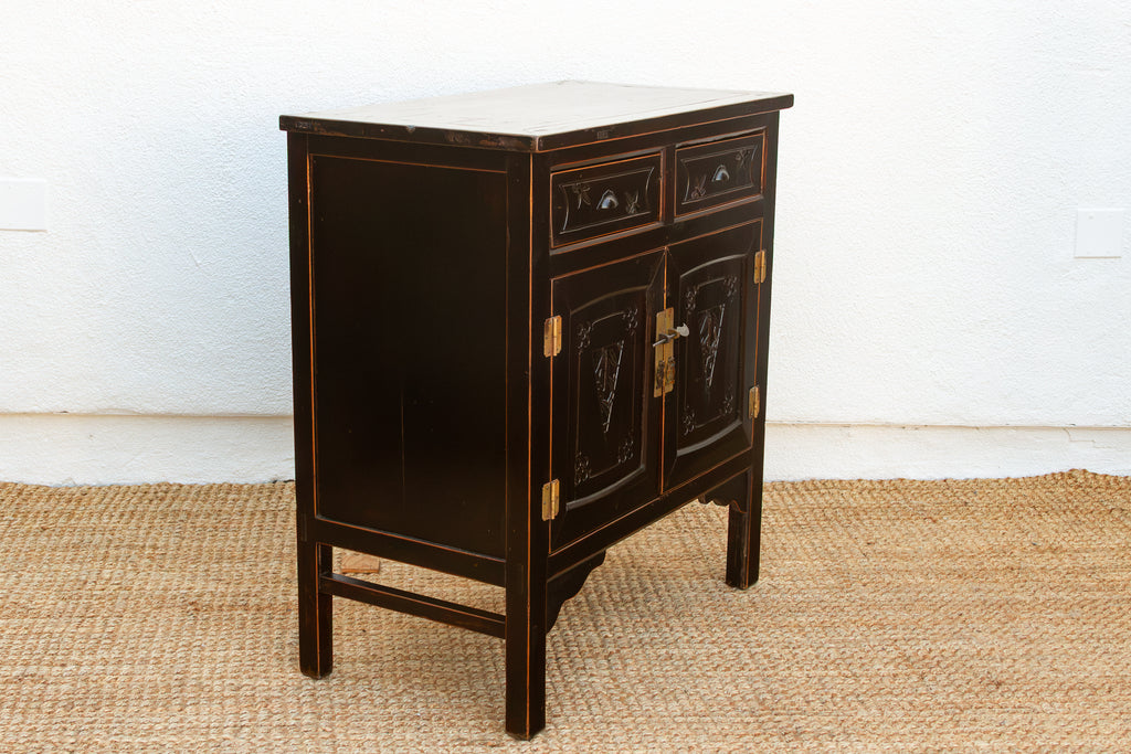 Mid-century Carved Blossom Black Asian Cabinet