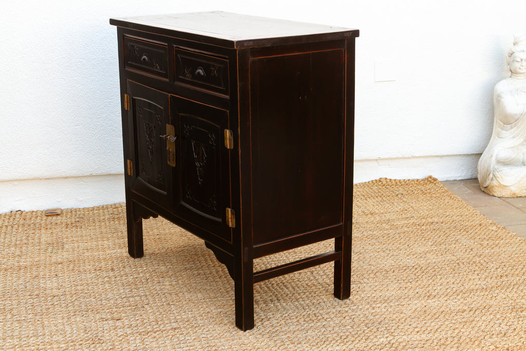 Mid-century Carved Blossom Black Asian Cabinet