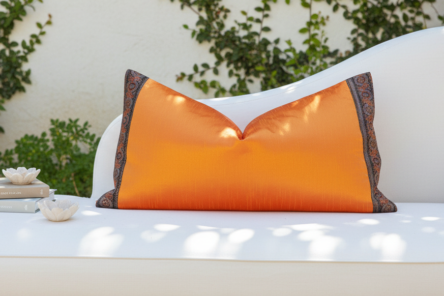 Tangerine Large Festive Indian Silk Queen Lumbar Pillow Cover