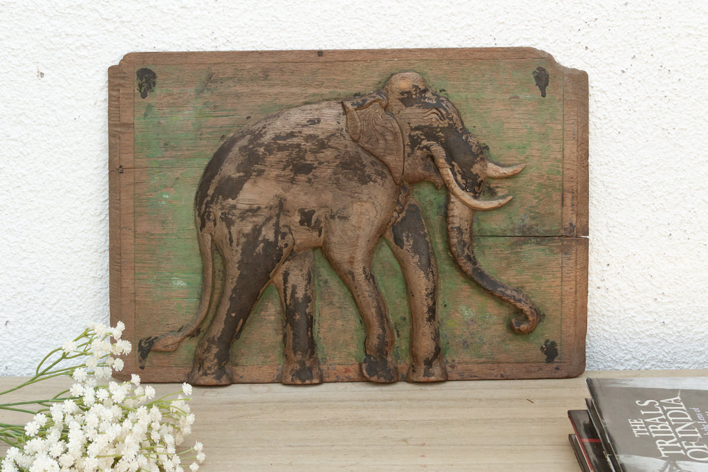 Antique Painted Thai Elephant Wall Carving