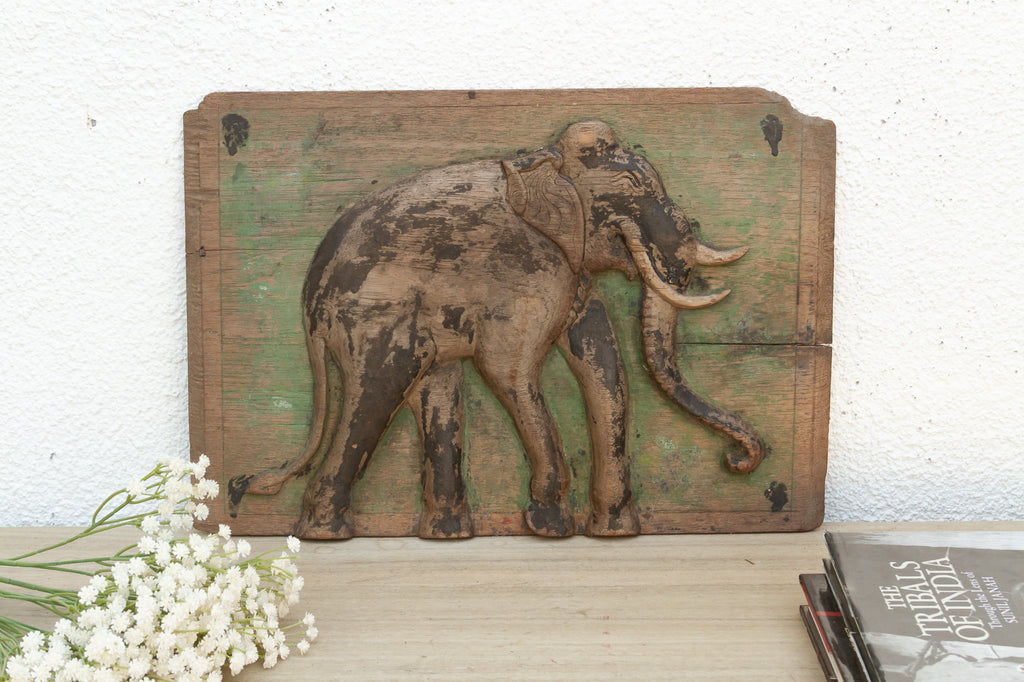Antique Painted Thai Elephant Wall Carving