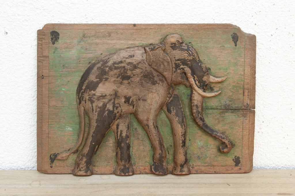 Antique Painted Thai Elephant Wall Carving