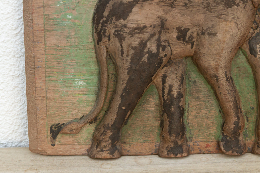 Antique Painted Thai Elephant Wall Carving