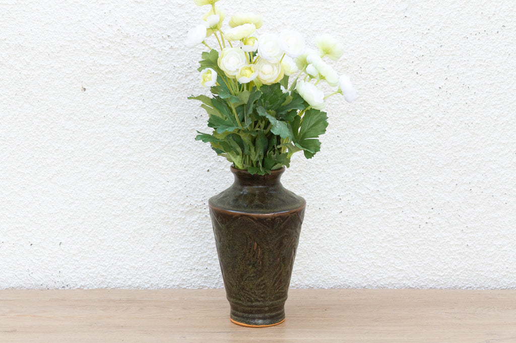 Antique Engraved Earth Green Stoneware Vase