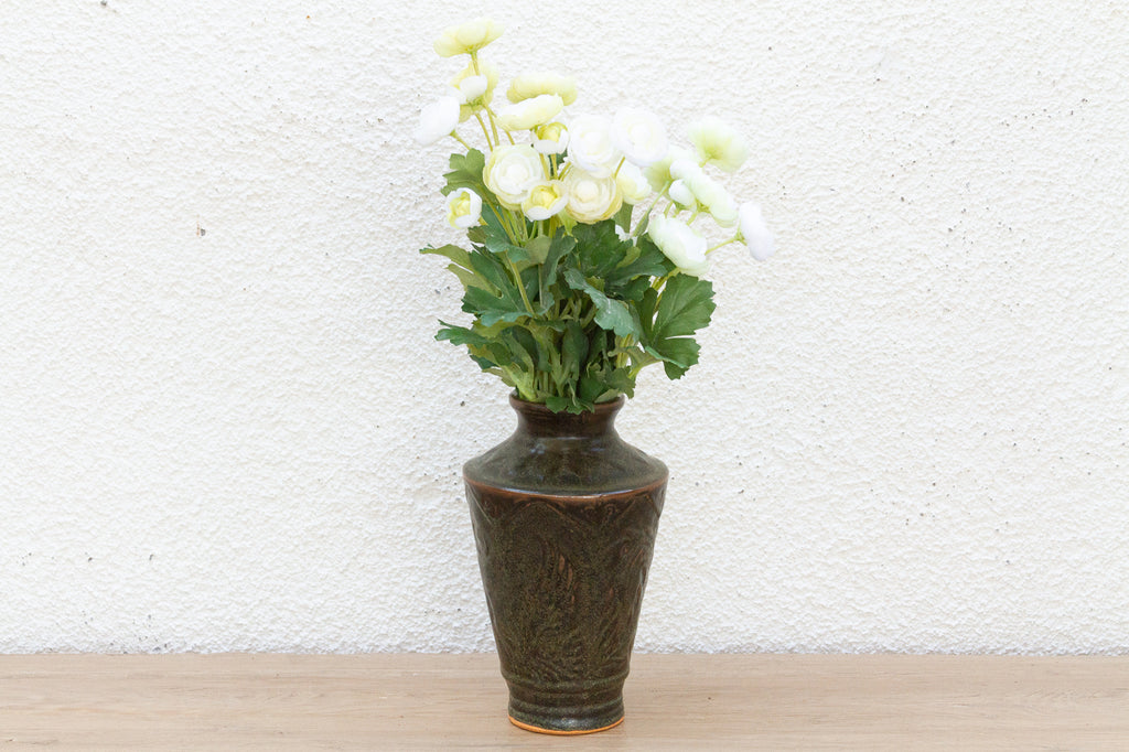 Antique Engraved Earth Green Stoneware Vase