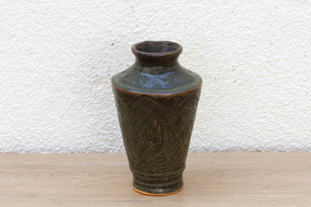 Antique Engraved Earth Green Stoneware Vase
