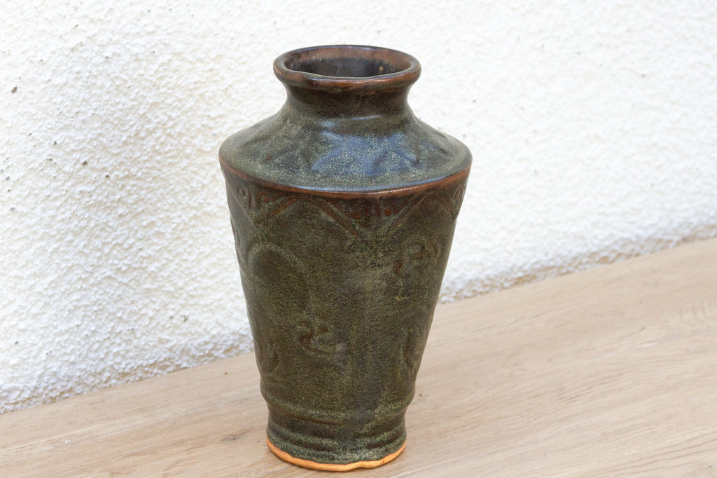 Antique Engraved Earth Green Stoneware Vase