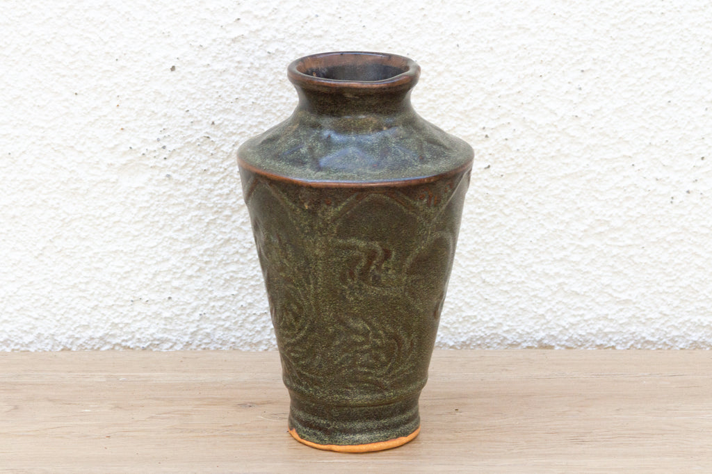 Antique Engraved Earth Green Stoneware Vase