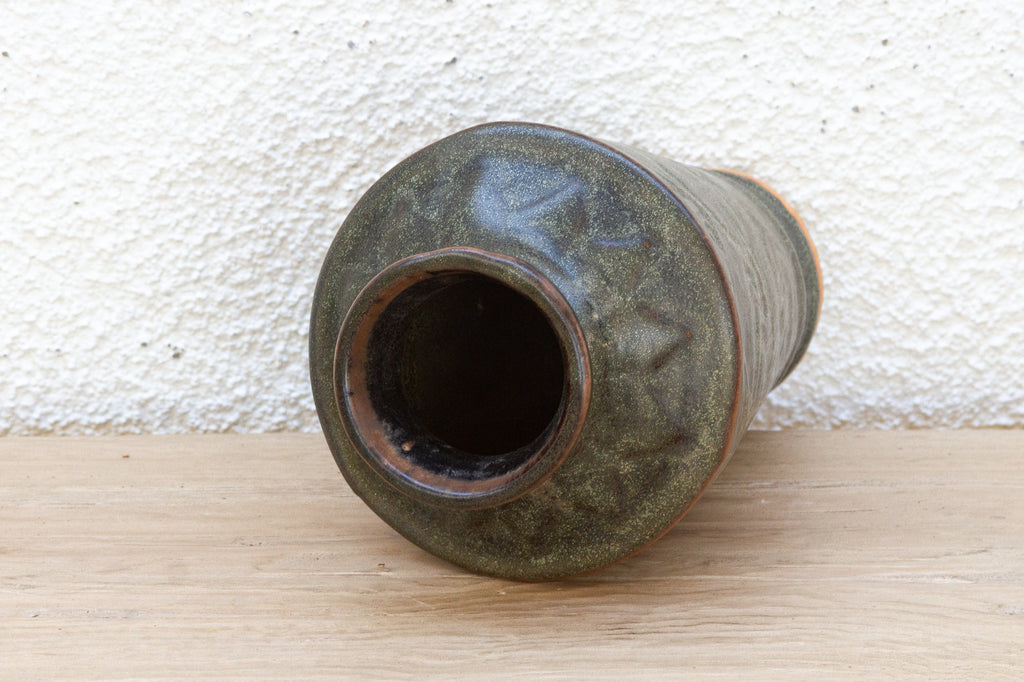 Antique Engraved Earth Green Stoneware Vase