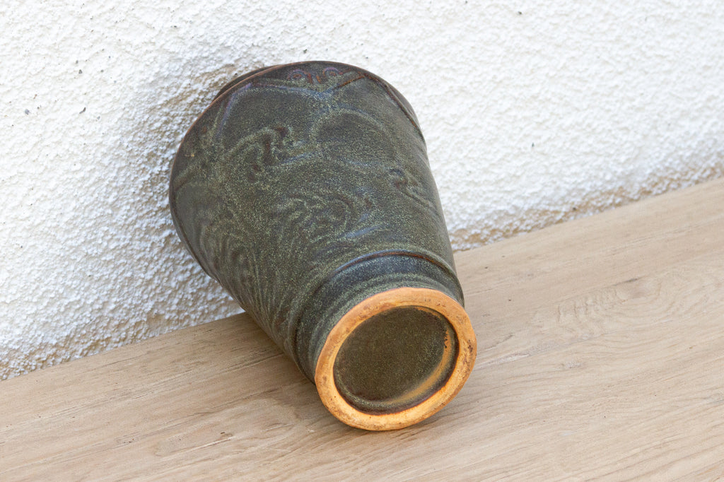 Antique Engraved Earth Green Stoneware Vase