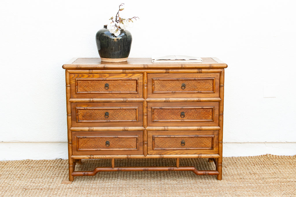20th Century Faux Bamboo & Cane 6-Drawer Dresser (Trade)