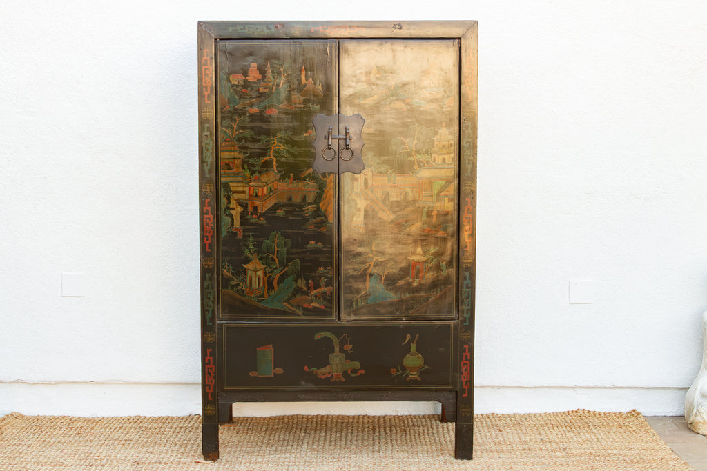 Antique Chinese Black Lacquer Armoire w/Painted Landscape