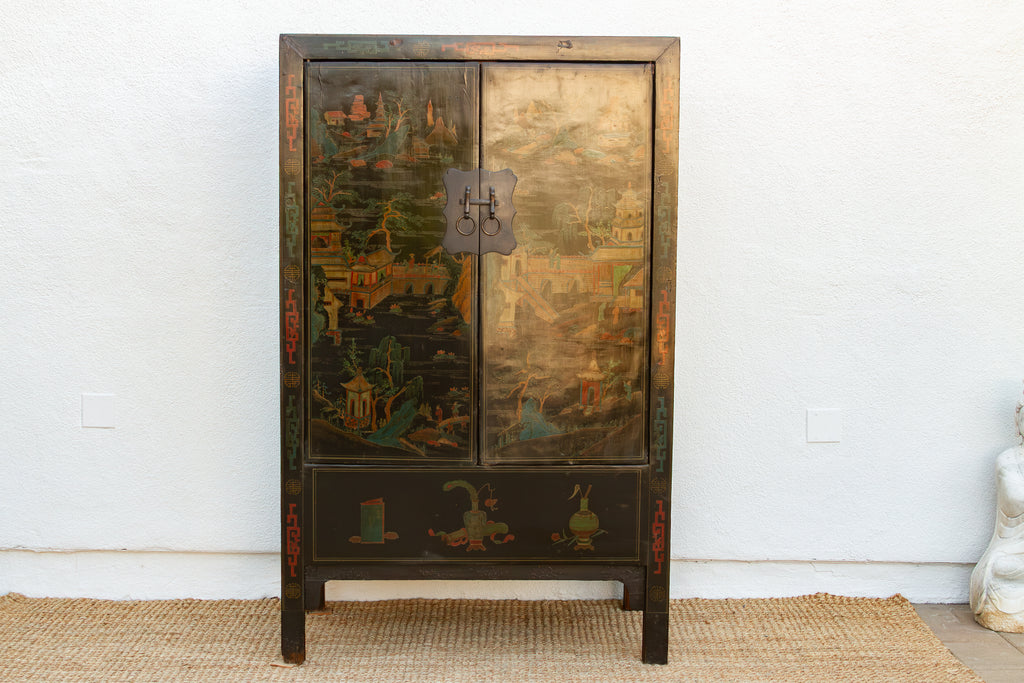 Antique Chinese Black Lacquer Armoire w/Painted Landscape