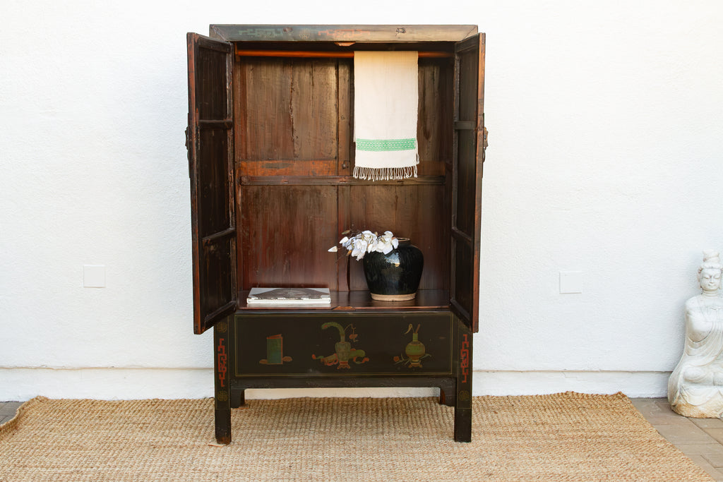 Antique Chinese Black Lacquer Armoire w/Painted Landscape