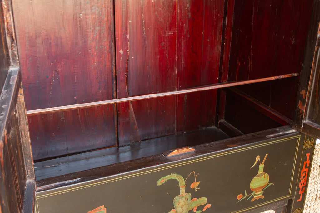 Antique Chinese Black Lacquer Armoire w/Painted Landscape