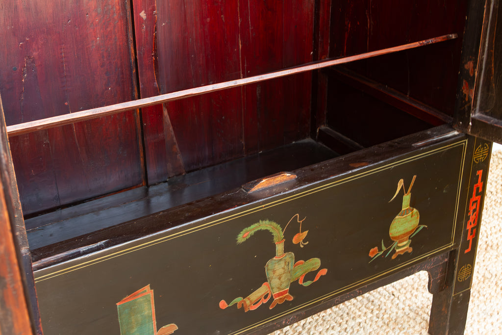 Antique Chinese Black Lacquer Armoire w/Painted Landscape