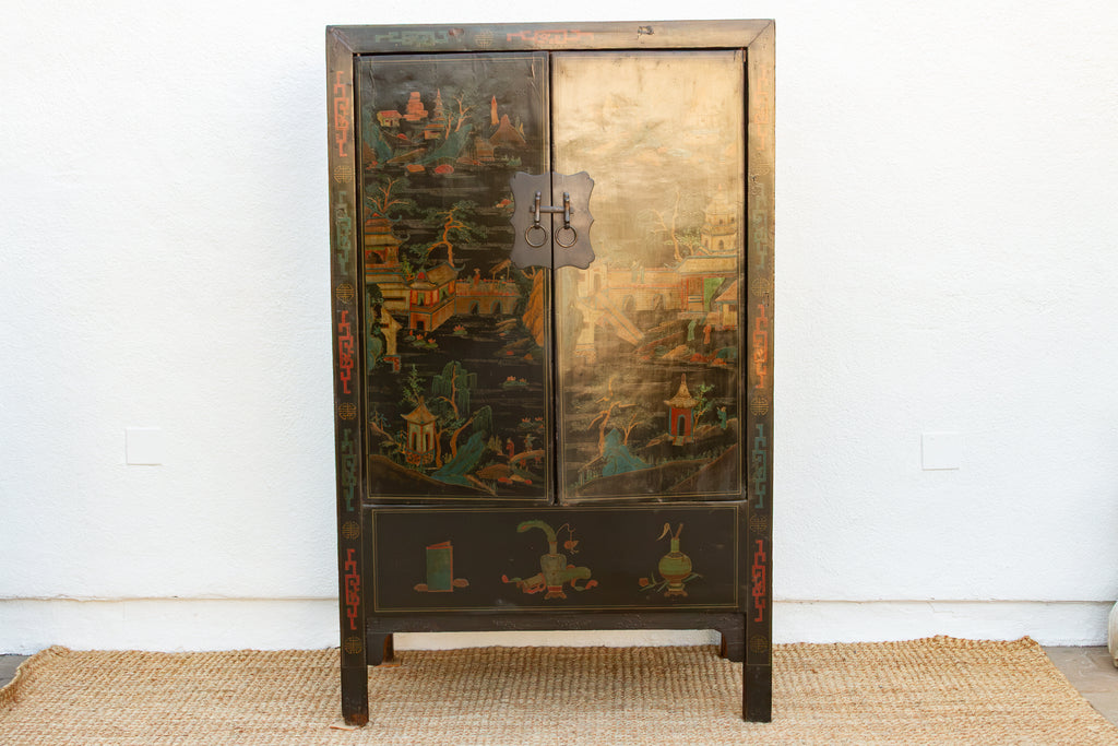 Antique Chinese Black Lacquer Armoire w/Painted Landscape