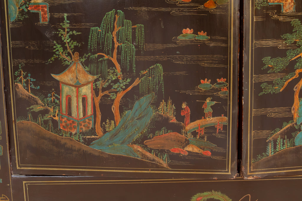 Antique Chinese Black Lacquer Armoire w/Painted Landscape