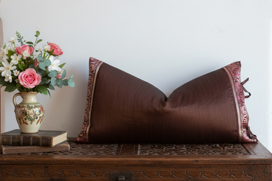 Laila Large Festive Indian Silk Queen Lumbar Pillow Cover